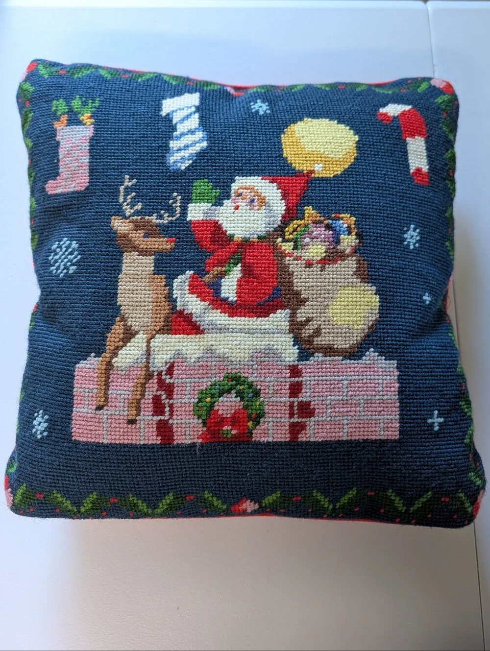 vintage STEINWINDER needlepoint Santa reindeer pillow